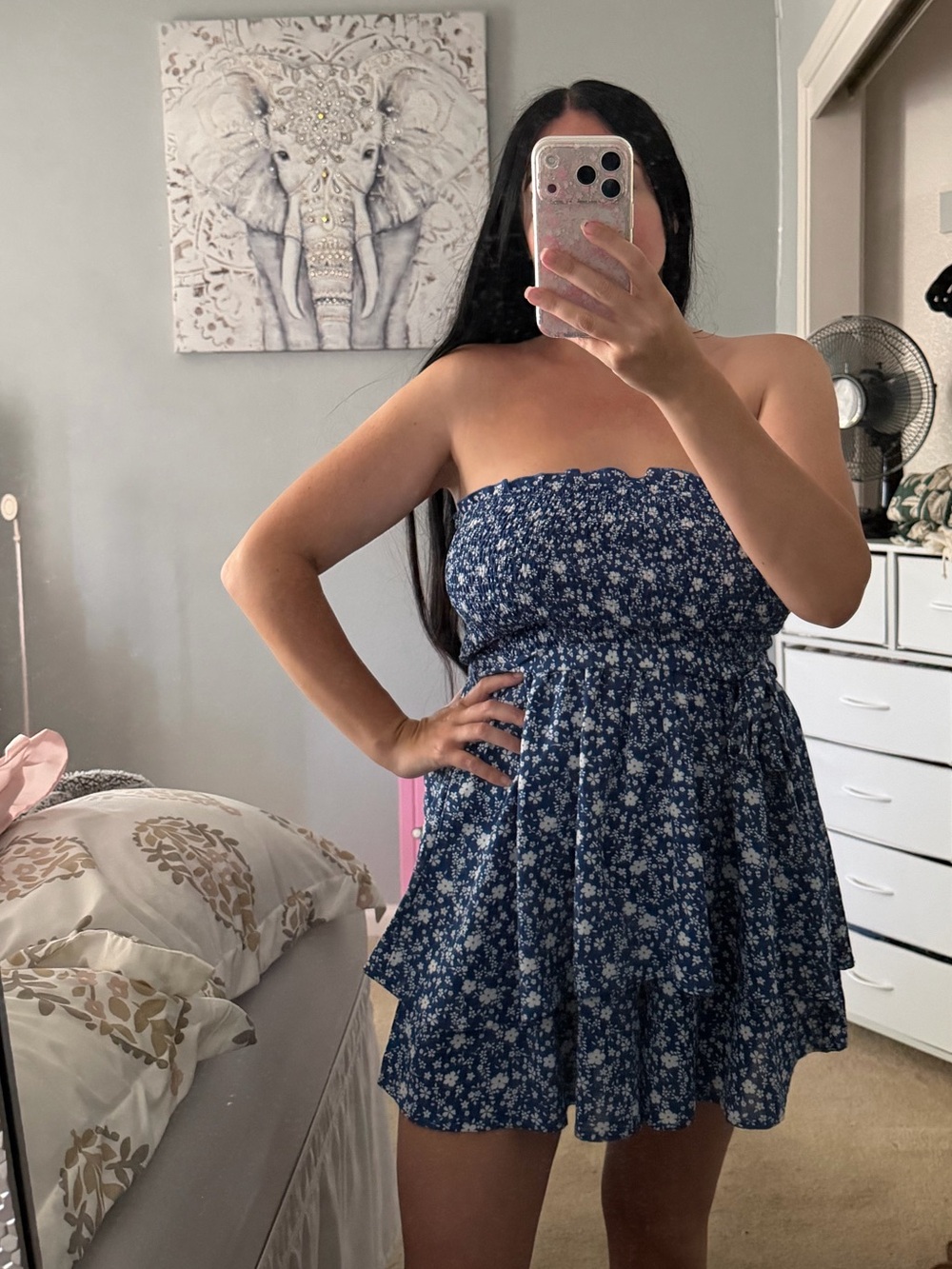 Simplee Navy Blue Floral Strapless Ruffle Smocked Shirred Romper with Bow